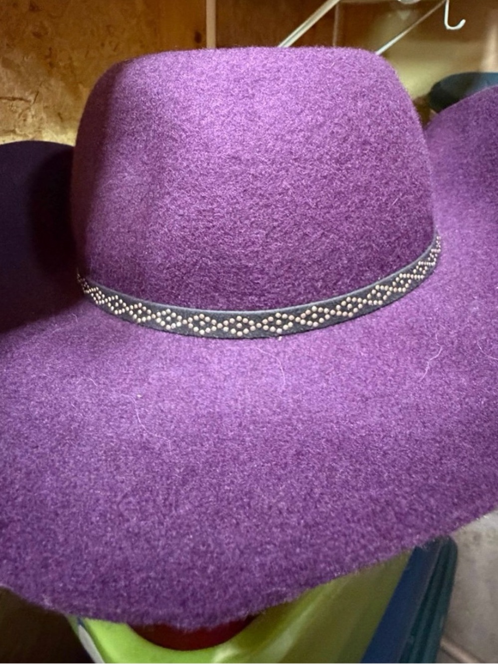 Purple Wide-Brim Felt Women's Hat with Studded Band